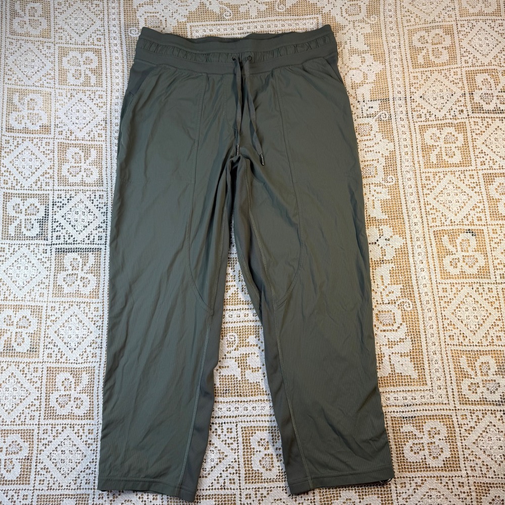 Lululemon Beyond the Studio Crop 10 Olive Green Joggers Pinstripe Pant